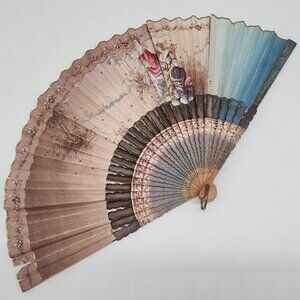 Antique Hand Painted Folding Hand Fan Elegant Ladies Design Wooden Ribs Wall Art